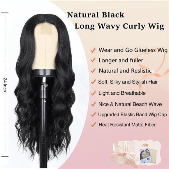 Black Wigs for Women, Wavy Natural Black Wig with Bangs - Picture 4 of 6